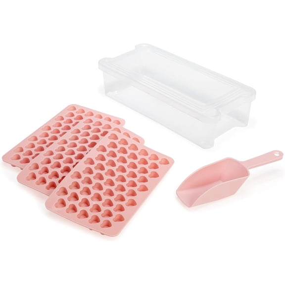 Heart Shaped Mini Ice Cube Tray Set, Includes 3 Mini Ice Cube Molds, Ice Bin Storage Container with Lid and Ice Scoop, Made without BPA, 6-Piece Set, Pink