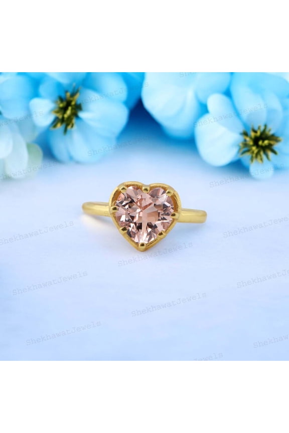 Heart Shaped Morganite Solitaire Ring 14K Yellow Gold Plated Peach gemstone Ring anniversary promise ring Delicate Bridal Fine jewelry Christmas Gift For Girlfriend