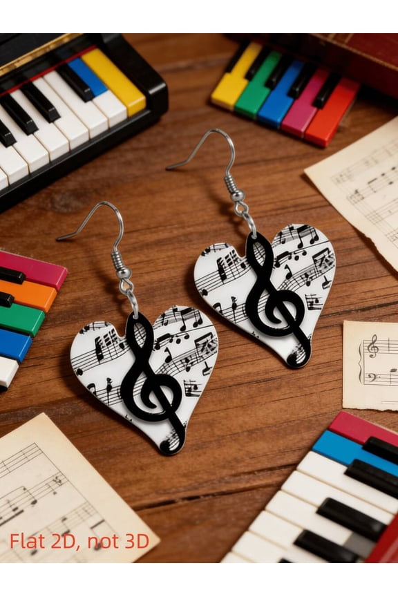 Heart-Shaped Music Note Earrings - Flat 2D Acrylic Dangle, Boho Style, White Base with Black Treble Clef