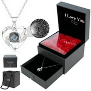 Heart Shaped Necklace Rose Gift Box 100 Kinds Words Say Love You Valentine's Day Romantic Gift for Girlfriend Mom Wife (Silver)