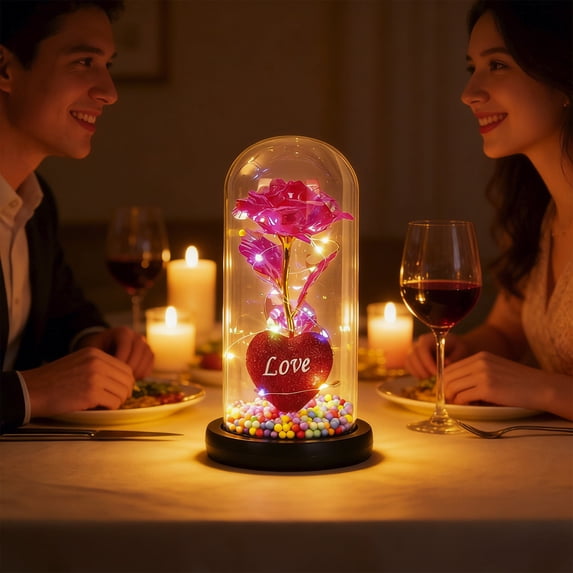 Heart Shaped Night Light with Preserved Rose in Glass Dome, LED Romantic Valentine's Birthday Gift for Her, Wife, Gi-rlfriend, Mom - Pink