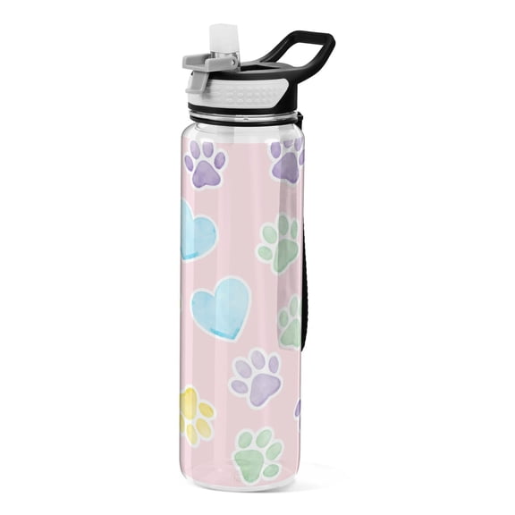 Heart Shaped Paw Prints Pattern Sport Water Bottle Tritan with Straw 1000ml Portable for Outdoor Daily Use
