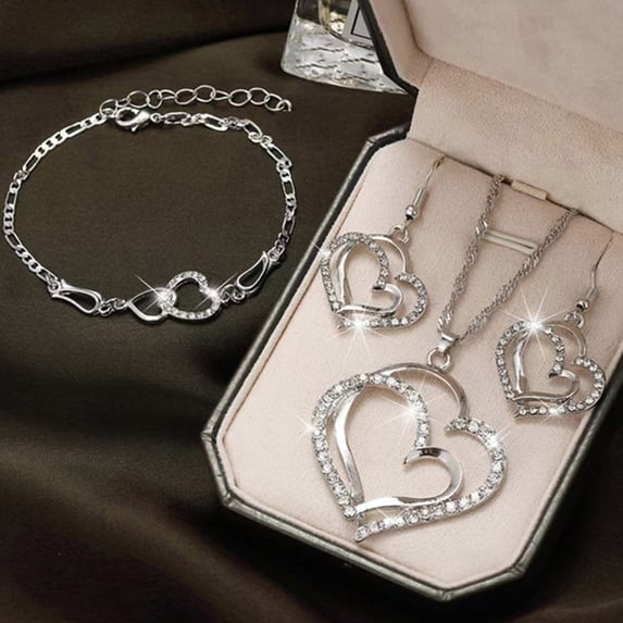 Heart-Shaped Pendant Earrings and Bracelet Set, Alloy Jewelry Gift for Couples, Anniversary Birthday or Special Occasion, Romantic Jewelry Accessory, Daily Wear and Gift Box Included
