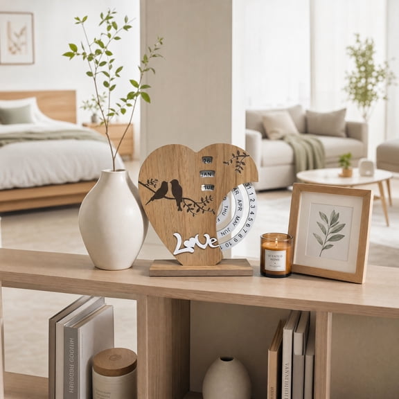 Heart Shaped Perpetual Desk Calendar, Manual Rotatable forever Table Calendar, Wood Desktop Decor Ornament for Home Office Study Table Display, Meaningful Gift