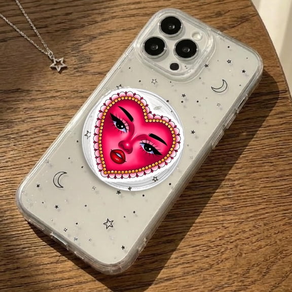 Heart-Shaped Phone Grip Bold Red Heart with Bold Lashes, Fun Kawaii Accessory for Book Lovers, Custom Phone Grip for Teens and Adults