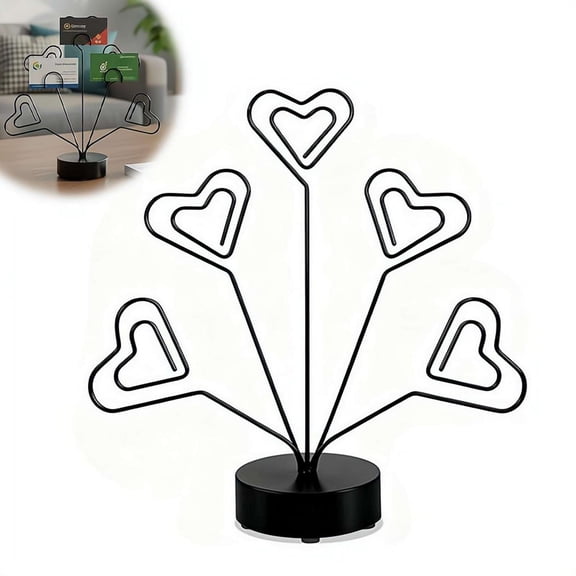 Heart-Shaped Photo Tree Display with 5 Clip Holders, Metal Picture Card Memo Stand, Round Base Desktop Holder for Graduation Wedding Birthday Gift