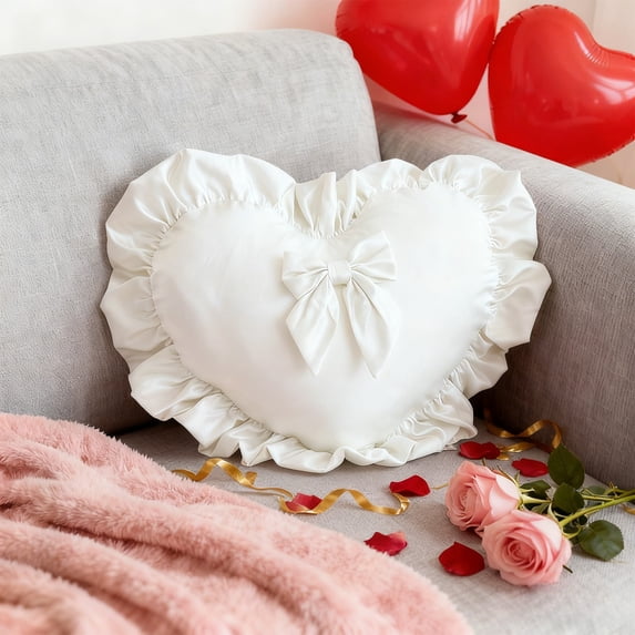 Heart Shaped Pillow Cover with Ruffle Edge & Bow - 40x50cm Pink Satin Finish Cushion Case for Sofa Bed, Romantic Home Decor & Valentine‘s Day Gift White