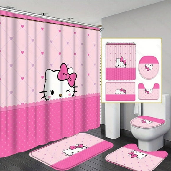 Heart-Shaped Pink Hello Kitty Bathroom Shower Curtain Set Includes 72x72-inch shower curtain, U-shaped toilet seat cover, non-slip bath mat, and 12 hooks