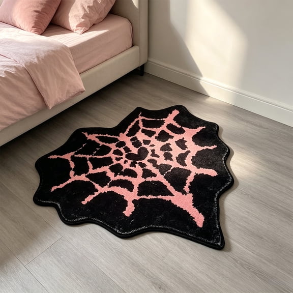 Heart Shaped Pink Spider Web Halloween Doormat, Gothic Spiderweb Floor Rug, Non Slip Washable Decorative Entry Mat for Front Door Bedroom Porch Halloween Party Decor