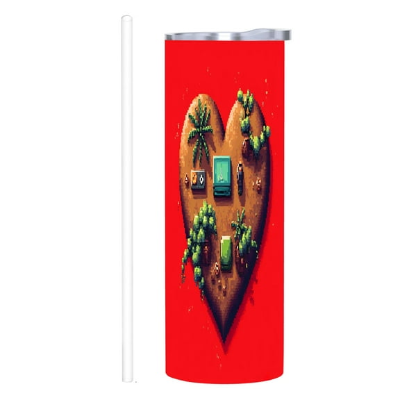 Heart - Shaped Pixel Art Design 20 oz Stainless Steel Insulated Tumbler with Lid & Straw - Retro Aesthetic for Home Office & Car