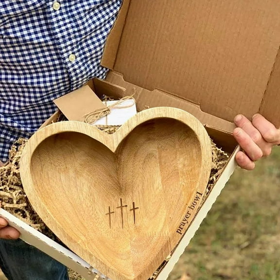 Heart Shaped Prayer Bowl with 12 Religious Cards - Meaningful Christian Faith Gift for Congregation, Perfect for Home Devotion, Church Gifting, Prayer Time & Christian Household Decor, 9.45in, Brown