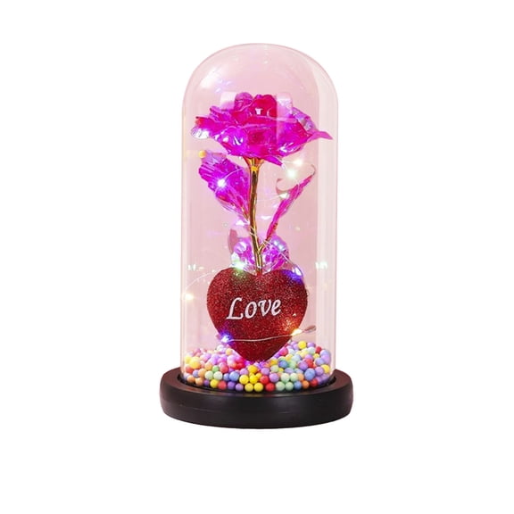 Heart Shaped Preserved Rose LED Night Light, Glass Dome Romantic Holiday Gift, Luxe Home Ornament for Birthday Wedding & Special Occasion,Pink
