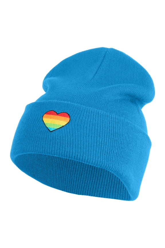 Heart Shaped Rainbow Iron on Patched 12 Inch Long Knitted Beanie - Aqua OSFM