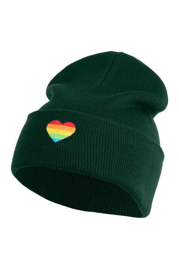 Heart Shaped Rainbow Iron on Patched 12 Inch Long Knitted Beanie - Dark Green OSFM