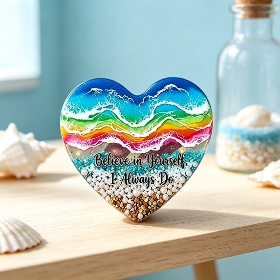 Heart Shaped Resin Ocean Wave Ornament – Handmade Beach Heart Keepsake with Sand & Shell Details, Romantic Tabletop Decor for Lovers, Valentine’s Day & Anniversary Gift
