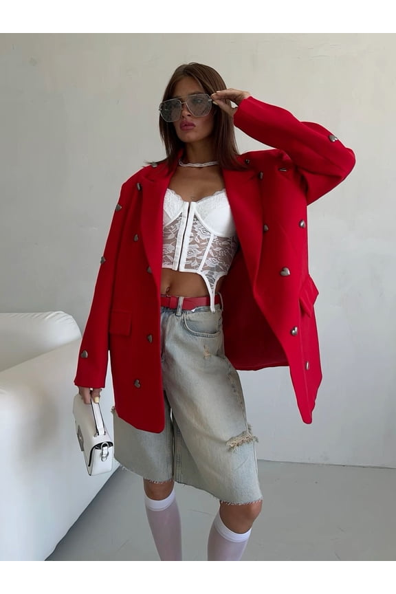 Heart-Shaped Rhinestone Studded Suit (L, Red)