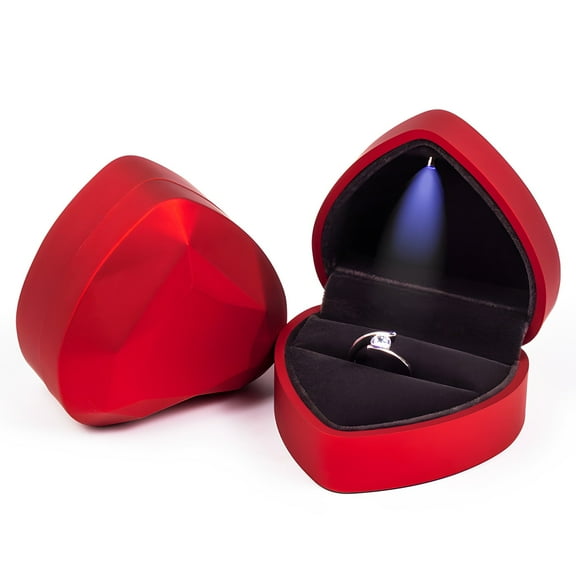 Heart Shaped Ring Box LED Light Engagement Ring Boxes Jewelry Gift Box, Red