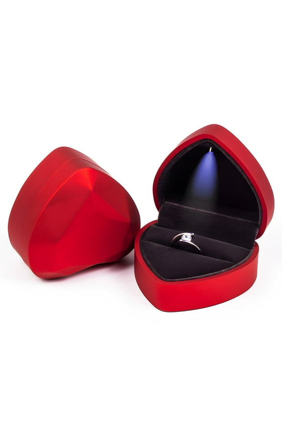 Heart Shaped Ring Box LED Light Engagement Ring Boxes Jewelry Gift Box, Red