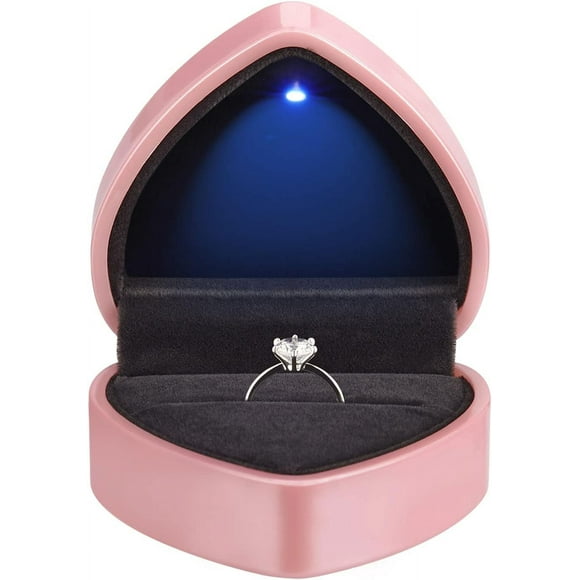 Heart Shaped Ring Gift Box with LED Light, Velvet Earrings Jewelry Case with Light, Jewellry Display Box for Wedding, Engagement, Proposal, Birthday and Anniversary (Pink)