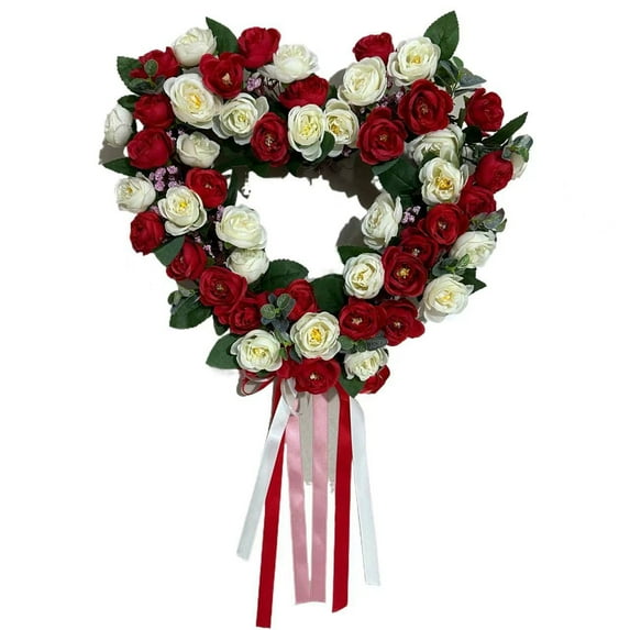 Heart Shaped Rose Wreath,14 in Pink Valentine’s Day Floral Wreath with Ribbons,Artificial Rose Flowers Wreaths,Heart-Shaped Garland Wreaths for Front Door,Valentine’s Day Wedding Decoration