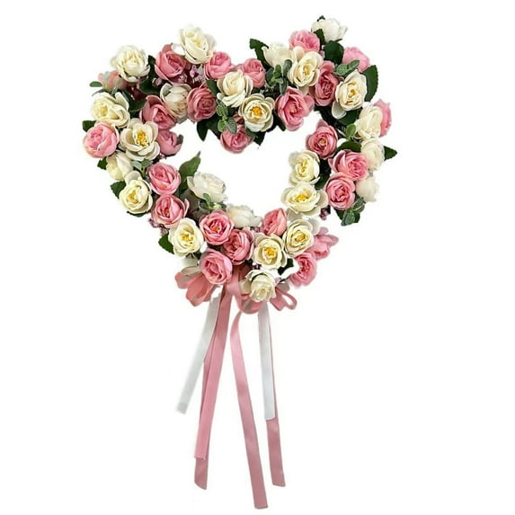 Heart Shaped Rose Wreath,14 in Pink Valentine’s Day Floral Wreath with Ribbons,Artificial Rose Flowers Wreaths,Heart-Shaped Garland Wreaths for Front Door,Valentine’s Day Wedding Decoration