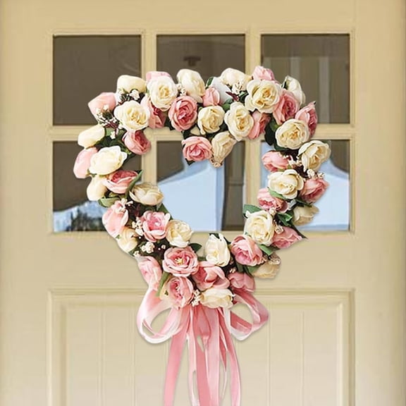 Heart Shaped Rose Wreath,14 in Pink Valentines Day Floral Wreath with Ribbons,Artificial Rose Flowers Wreaths,Heart-Shaped Garland Wreaths for Front Door,Valentines Day Wedding Decoration