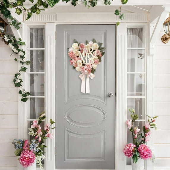 Heart Shaped Rose Wreath, 16 in Pink Artificial Floral Wreath with Ribbons, Vintage Handmade Floral Garland Wreath, for Front Door Wall Dining Table Valentine’s Day Wedding Home Decoration