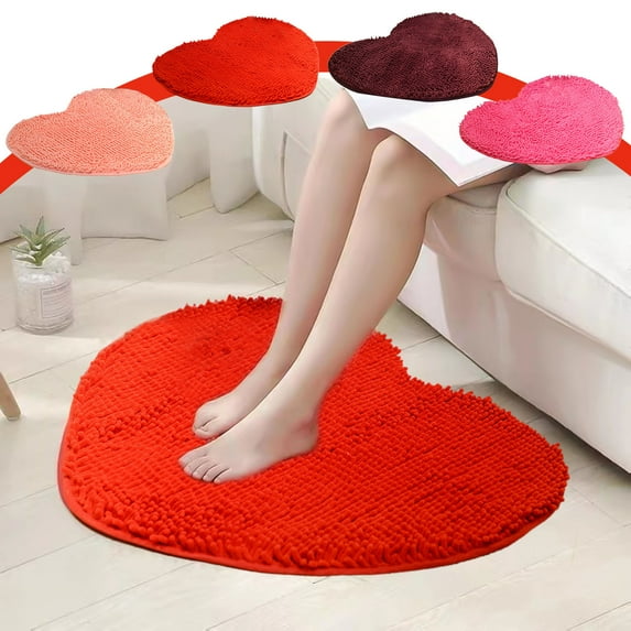 Heart Shaped Rug, Decorative Floor Mat, Non-Slip Washable Doormat, Chenille Polyester, 16x20 inches, Pink/Red, Valentine's Day Decor, Bathroom, Living Room, Entrance Carpet, Machine Washable