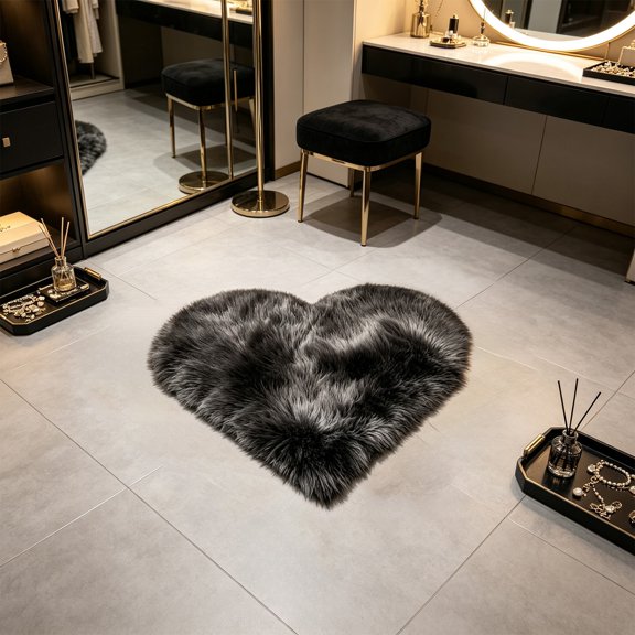 Heart Shaped Rug, Plush Faux Fur Floor Mat Non Slip Soft Washable Accent Carpet Fluffy Decorative Rug, for Bedroom Bedside Nursery Dorm Vanity Living Room Home Decor