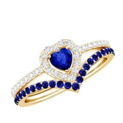 Rosec Jewels Lab Grown Blue Sapphire Heart Shaped Wedding Ring Set for Women - Blue Sapphire Diamond Engagement Ring with Enhancer, 14K Yellow Gold, US 4.50