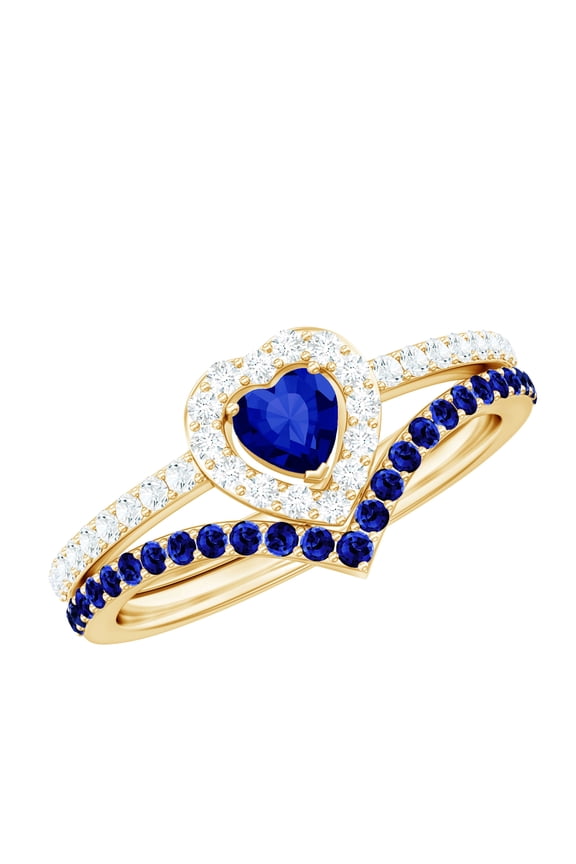 Lab Grown Blue Sapphire Heart Shaped Wedding Ring Set (AAAA Quality) - Blue Sapphire and Diamond Ring with Band, 14K Yellow Gold, US 4.50