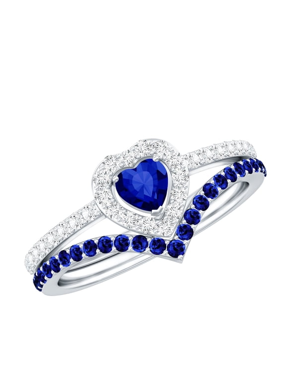 Lab Grown Blue Sapphire Heart Shaped Wedding Ring Set for Women - Blue Sapphire Diamond Engagement Ring with Enhancer, 925 Sterling Silver, US 5.50