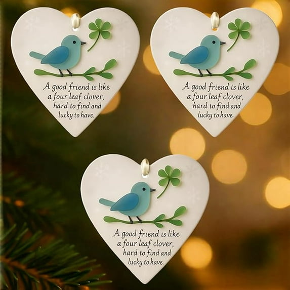 Heart Shaped Sea Glass Art Decor Friendship Ornaments Good Friend Like A Four Leaf Clover Sea Glass Ornament for True Friends 2D Flat Acrylic Christmas Ornaments Bestie Gifts for Girls Womens (3pcs)