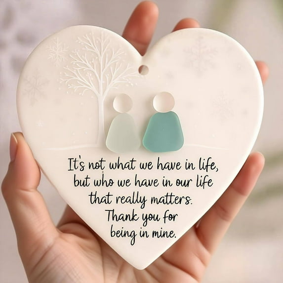 Heart-Shaped Sea Glass Friendship Decor,2025 Christmas Ornaments Heart Seaglass Tree Hanging Keepsake Pendant,2D Xmas Graduation Birthday Gift for Women Men Friends,1PCS