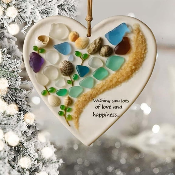 Heart Shaped Sea Glass Wall Decor, Friendship Heart 2D Hanging Ornament, Coastal Themed Home Decoration For S & Teens, Unique Beach-Inspired Glass Art Accent