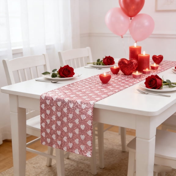 Heart-Shaped Sequined Mesh Table Runner for Valentine's Day Glittery Party and Wedding Decorations, Festival Home Decor, 11.81x70.87in