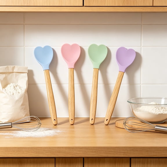 Heart Shaped Silicone Spatula with Wooden Handle, Heat Resistant Food Grade Baking Scraper, Non Stick Kitchen Utensil for Cooking Mixing Stirring Scraping Baking Pastry Cake Decor, Pink