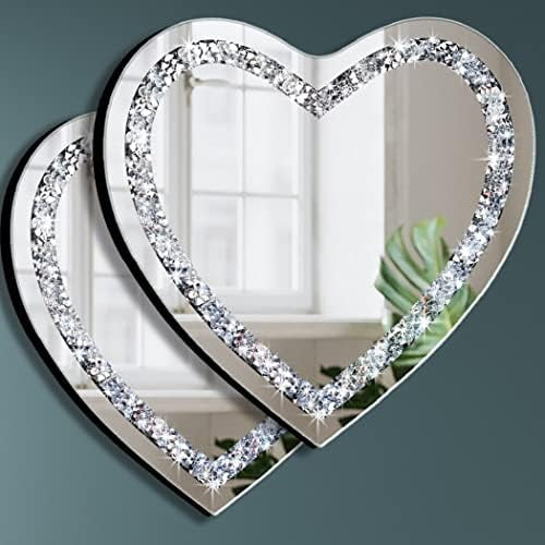 Heart Shaped Silver Glass Mirror 2 Pack 12x12inch Crystal Crush Diamond Decor Chain Mirror for Wall Decoration