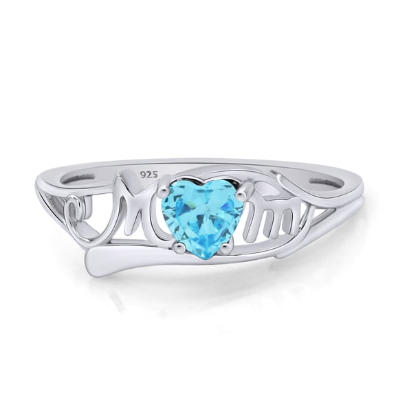 AFFY Heart Shaped Simulated Blue Aquamarine CZ Mom Heart Ring in 14k White Gold Over Sterling Silver (0.50 Cttw)