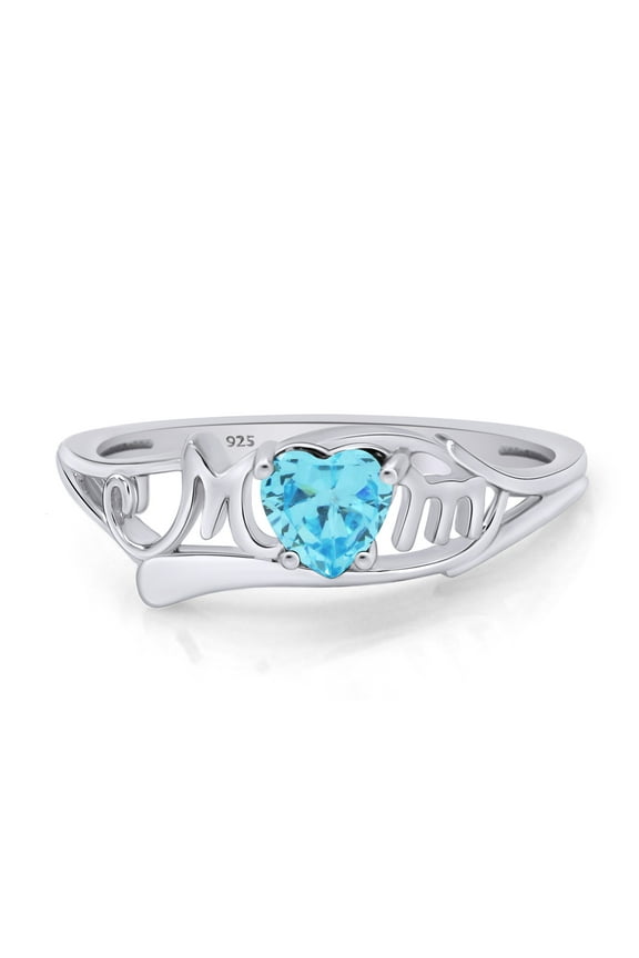 Heart Shaped Simulated Blue Aquamarine CZ Mom Heart Ring in 14k White Gold Over Sterling Silver (0.50 Cttw)