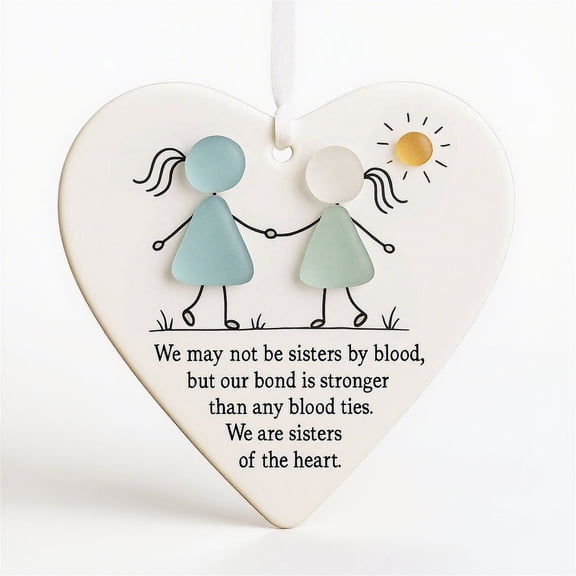 Heart-Shaped Sisters Sea Glass Ornament, Handmade Sea Glass Friendship Keepsake, Sea Glass Art Decor for Best Friend Christmas Tree Ornament, Unique Soul Sister Gift