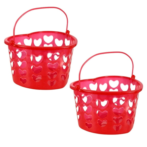 Heart Shaped Slotted Basket with Handles, Plastic Mini Gift Basket for Valentines Day Wedding Birthday Easter Bag Party Favors & Gifts for Home School Office & More 2-ct Packs