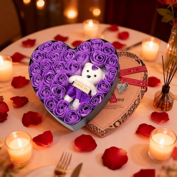 Heart-Shaped Soap Flower Rose Gift Box with Teddy Bear, Valentine’s Day Artificial Rose Soap Bouquet Romantic Gift for Anniversary Birthday Proposal Home Decoration