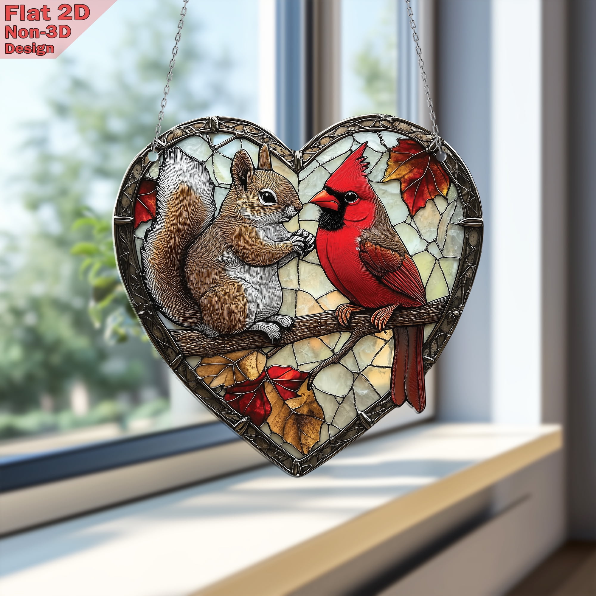 Heart-Shaped Squirrel & Cardinal Stained Glass Effect Acrylic Window ...