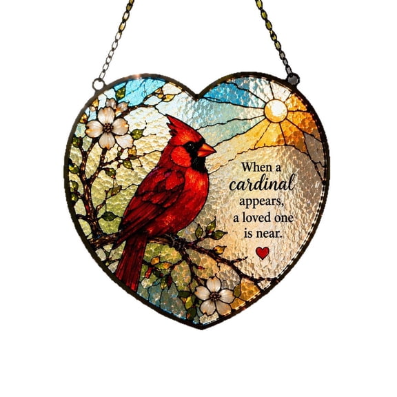 Heart Shaped Stained Glass Cardinal Hanging Suncatcher Memorial Sympathy Gift For Home Window Decor 1 Piece