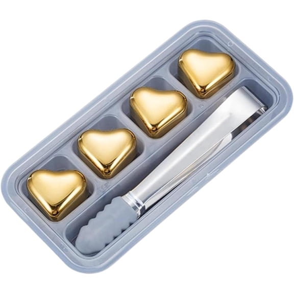 Heart Shaped Stainless Steel Reusable Ice Cubes, Metal Whiskey Stones Chill Rocks, Non Diluting Chilling Cubes for Whiskey(Gold 4pc)