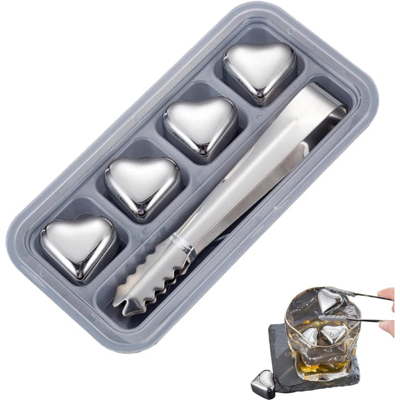 Heart-Shaped Stainless Steel Reusable Ice Cubes Set, 4/6/8/12 Pack Chill Rocks for Whiskey, Cocktails & Beverages, Non-Diluting Metal Ice Cubes, Reusable Chilling Stones Gift for Men (Silver,4PCS)