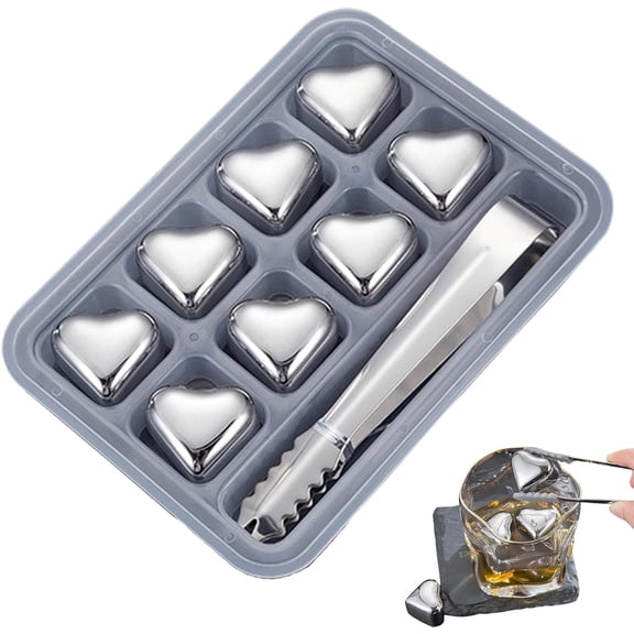 Heart-Shaped Stainless Steel Reusable Ice Cubes Set, 4/6/8/12 Pack Chill Rocks for Whiskey, Cocktails & Beverages, Non-Diluting Metal Ice Cubes, Reusable Chilling Stones Gift for Men (Silver,8PCS)