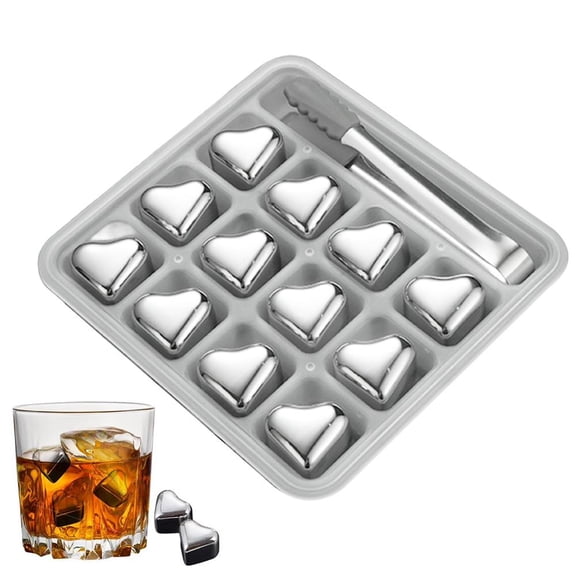 Heart-Shaped Stainless Steel Reusable Set, 4/6/8/12 Pack Non-Diluting Refreezable Ice Cube with Tongs, Metal Whiskey Stones Chilling Rocks for Drinks, Unique Barware Gift for Men