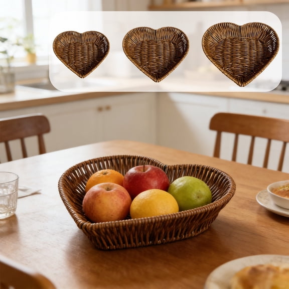 Heart Shaped Storage Basket, Plastic Imitation Rattan Multi-Use Tray, Fruit Vegetable Snack Bread Organizer, Versatile Storage Bin for Home, Kitchen, Counter & Daily Use, Brown, 8.66*7.87in